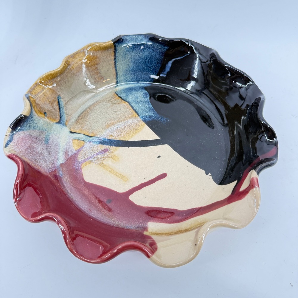 J&S Beaumont Pottery Bowl 9" Multicolor Abstract Ruffled Rim Ceramic Pie Pan - Picture 3 of 16